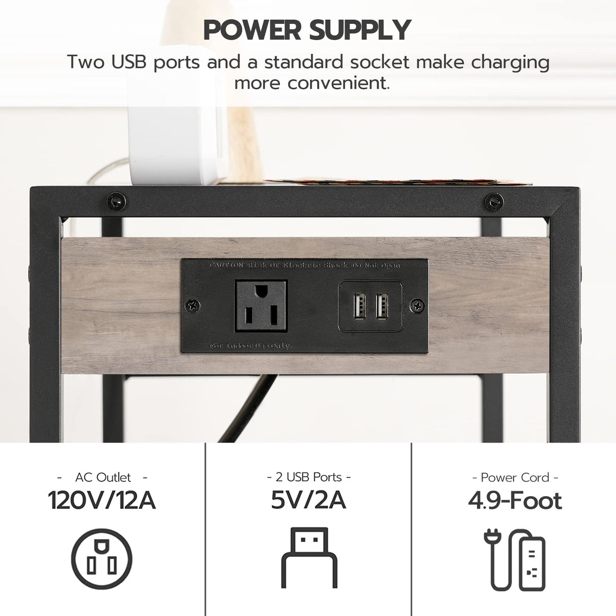 HOOBRO Industrial Printer Stand, 3-Tier Mobile Printer Table, Rolling Cart with Power Outlets and USB Ports, Home Printer Stand with 2 Hooks, for Office, Living Room, Greige and Black BG22UPS01 HOOBRO