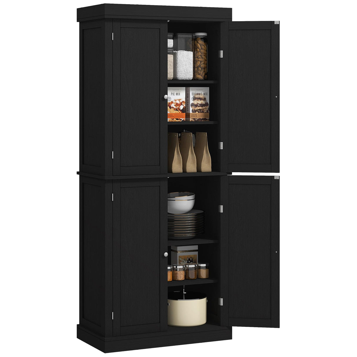 HOMCOM 72.5" Freestanding Kitchen Pantry Cabinet, Tall Storage Cabinet with 4 Doors and 2 Adjustable Shelves for Dining Room, Black Wood Grain HOMCOM