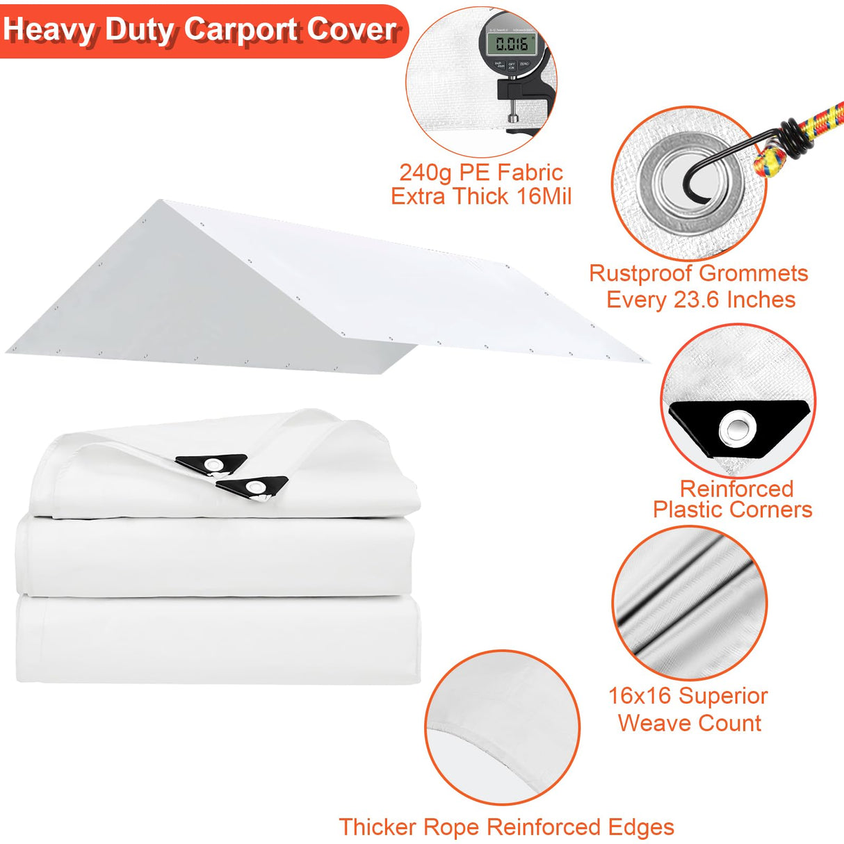 Bluyard 10 x 20 Ft Carport Replacement Canopy Cover Garage Top Tent Shelter with 40 Ball Bungee Cords Heavy Duty Waterproof UV & Tear Resistant, Easy Assembly, White (Only Cover, Frame Not Include) Bluyard