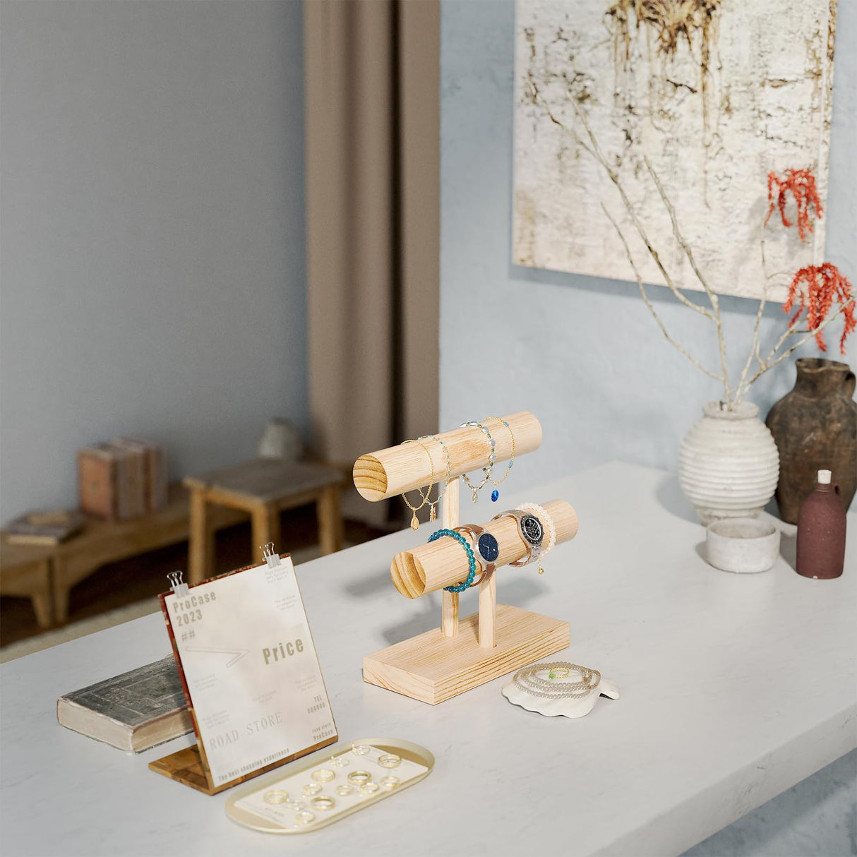 ProCase Bracelet Holder Display Bracelet Organizer, Wooden Bracelet Stand for Selling, T-bar Bangle Storage Rack Wood Watch Display Tower for Business - 2 Tier, Nature ProCase