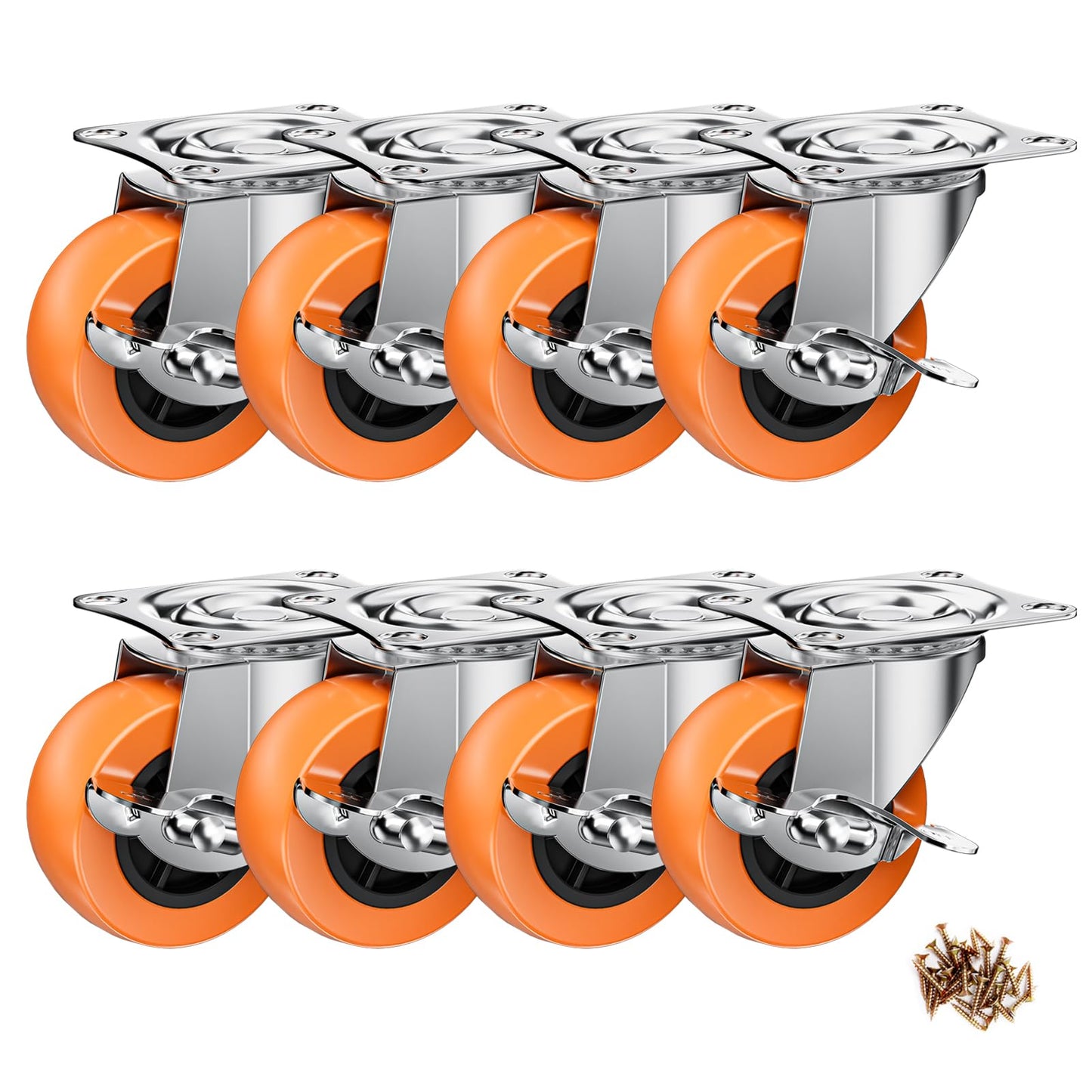 2 Inch Casters, ASHGOOB Caster Wheels with Side Brake, Locking Casters Set of 8, Industrial/Furniture Swivel Plate Caster Wheels for Workbench and Carts, Orange Polyurethane (PU) Castors (8 Pack)