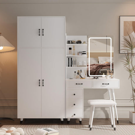 Karl home Vanity Desk with Mirror and Lights Makeup Vanity Table Set with Charging Station White Desk with Wardrobe, 5 Drawers, Open Shelves Karl home
