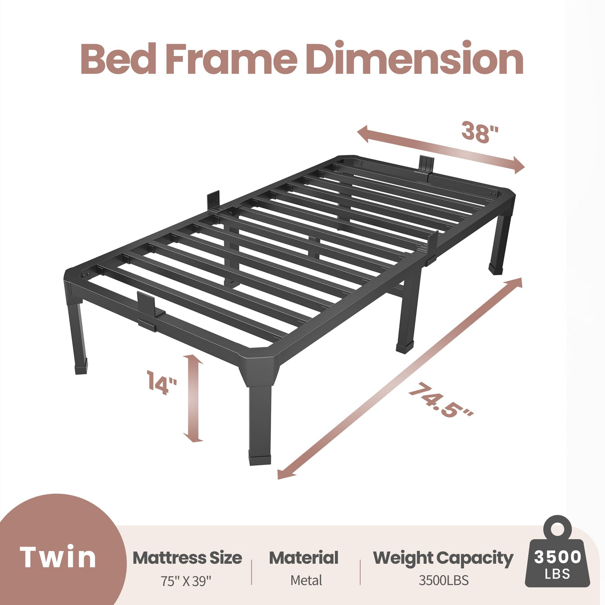 ROIL 14 Inch Twin Size Bed Frame with Mattress Slide Stopper - Single Black Basic Anti Squeak Steel Slats Metal Platform, Heavy Duty Noise Free Easy Assembly Bedframes, No Box Spring Needed ROIL