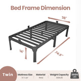 ROIL 14 Inch Twin Size Bed Frame with Mattress Slide Stopper - Single Black Basic Anti Squeak Steel Slats Metal Platform, Heavy Duty Noise Free Easy Assembly Bedframes, No Box Spring Needed ROIL