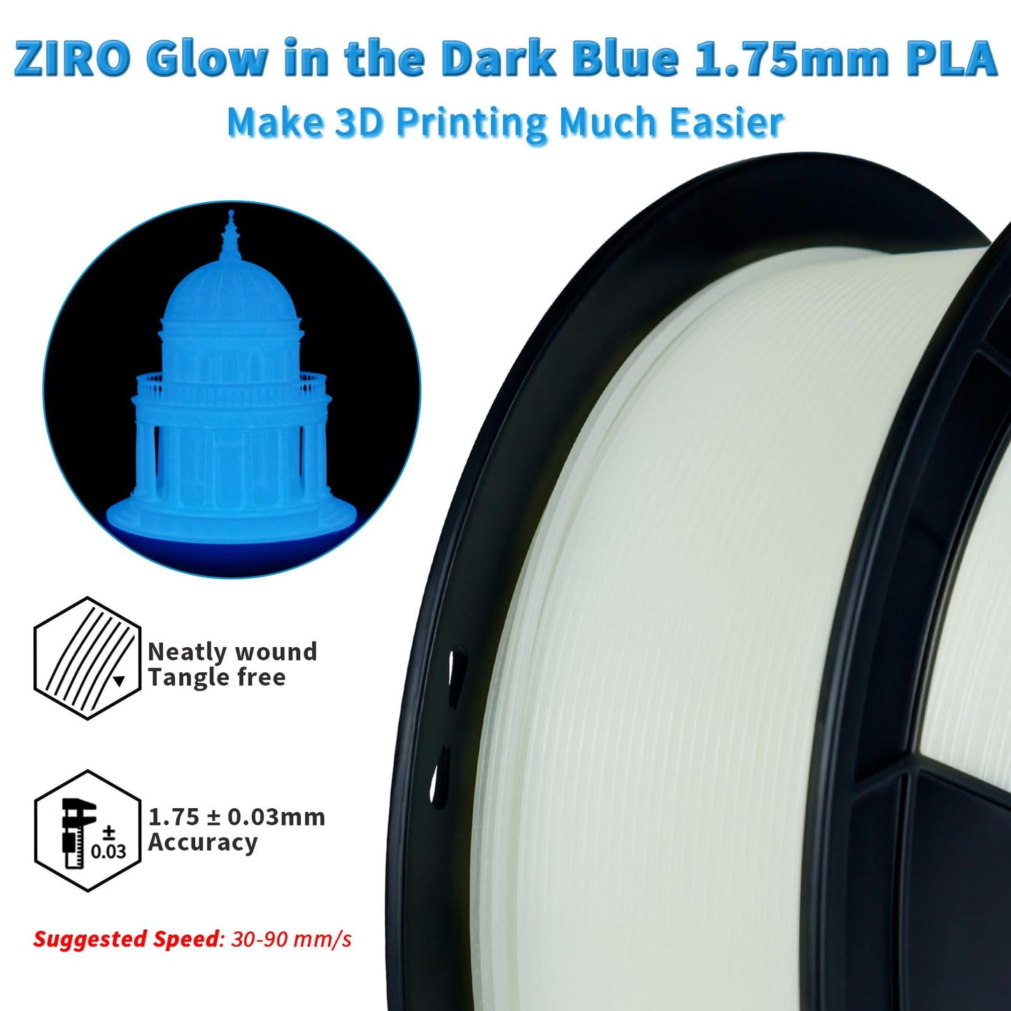 ZIRO Glow in The Dark Filament, PLA Filament 1.75mm, Luminous 3D Printer Filament, Strong Glow Effect 1KG(2.2lbs) Spool, Dimensional Accuracy +/- 0.03mm, Fit Most FDM 3D Printers, Blue - WoodArtSupply