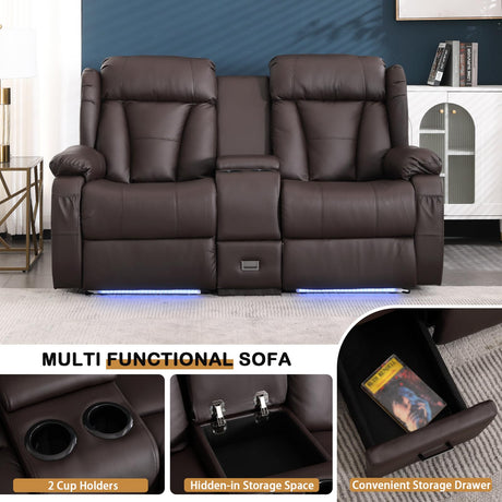 DUNELLA 66" Power Loveseat Recliner Sofa, Home Theater Seating with Console, Electric Recliner RV Sofa with USB/USB-C/Storage/Side Pocket/LED Light for Travel Trailers(Brown) DUNELLA