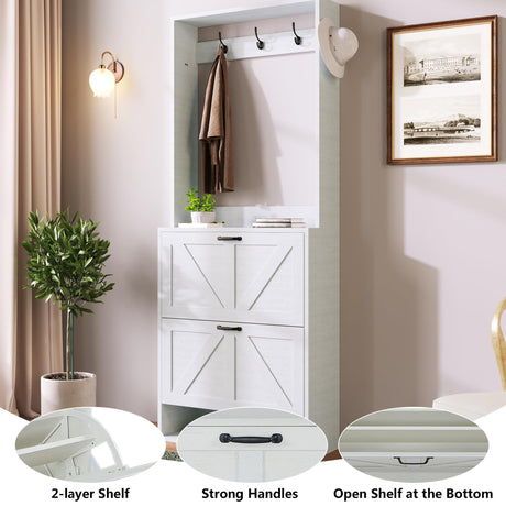 Betoko Hall Tree with Shoes Storage,Farmhouse Entryway Coat Rack Wooden Hallway Mudroom Tree Bench Corner Tree Cabinet with 5 Coat Hooks & 2 Shoes Cabinets and Open Shelf(Rustic White) Betoko