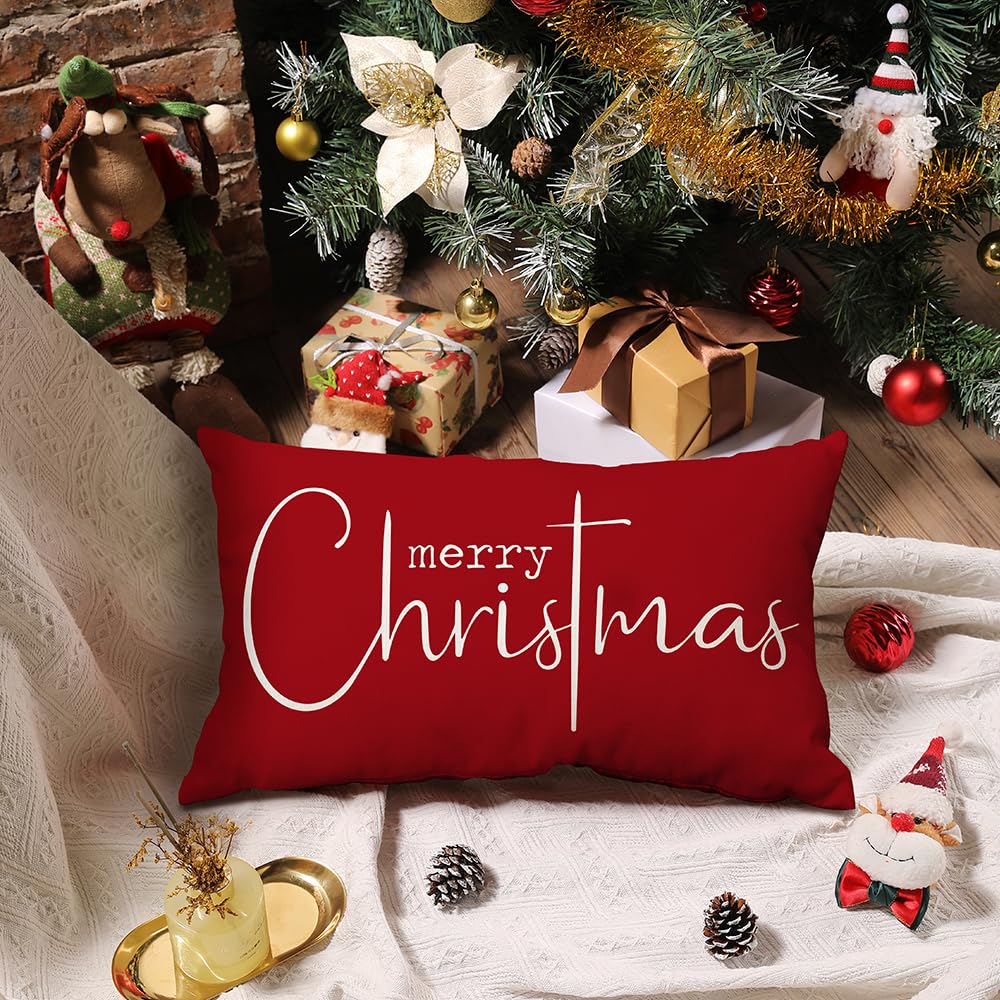 Allorry Christmas Pillow Covers Merry Christmas Throw Pillow Decorative Christmas Red Cotton Cloth Linen Cloth Pillow Cover Sofa Cover Decorative Rectangle Length 12X20 inches Allorry