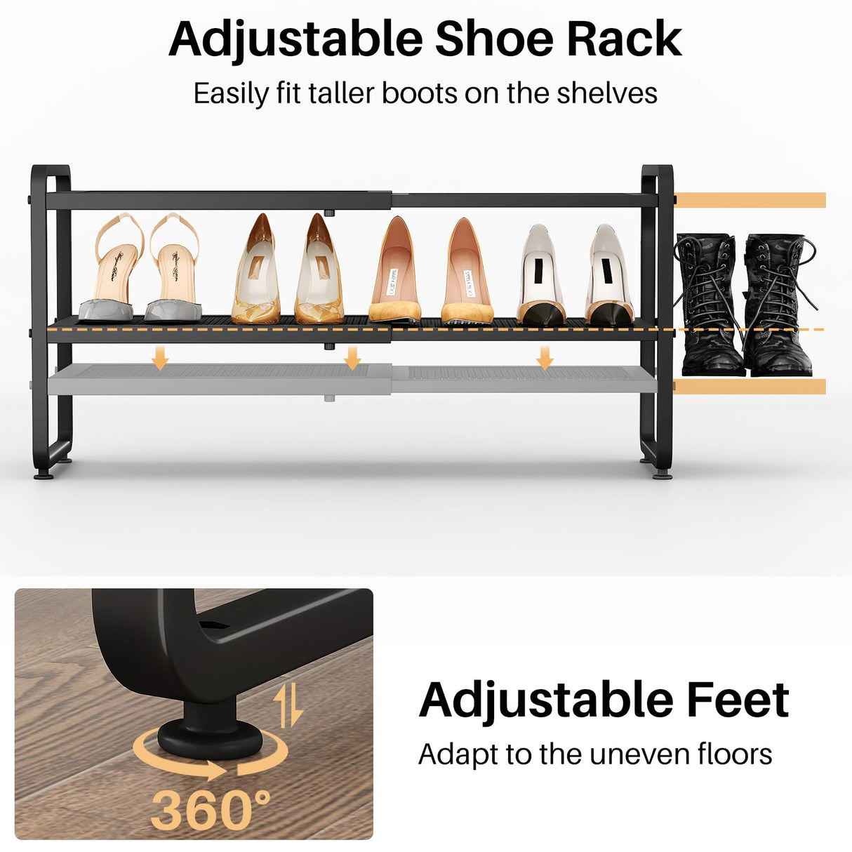 Shoe Rack - Expandable Shoe Organizer for Closet, Adjustable Metal Shoe Shelf Storage, 2 Tier Stackable Long Shoe Stand Holder for Garage, Entryway, Door Entrance, Black SNTD