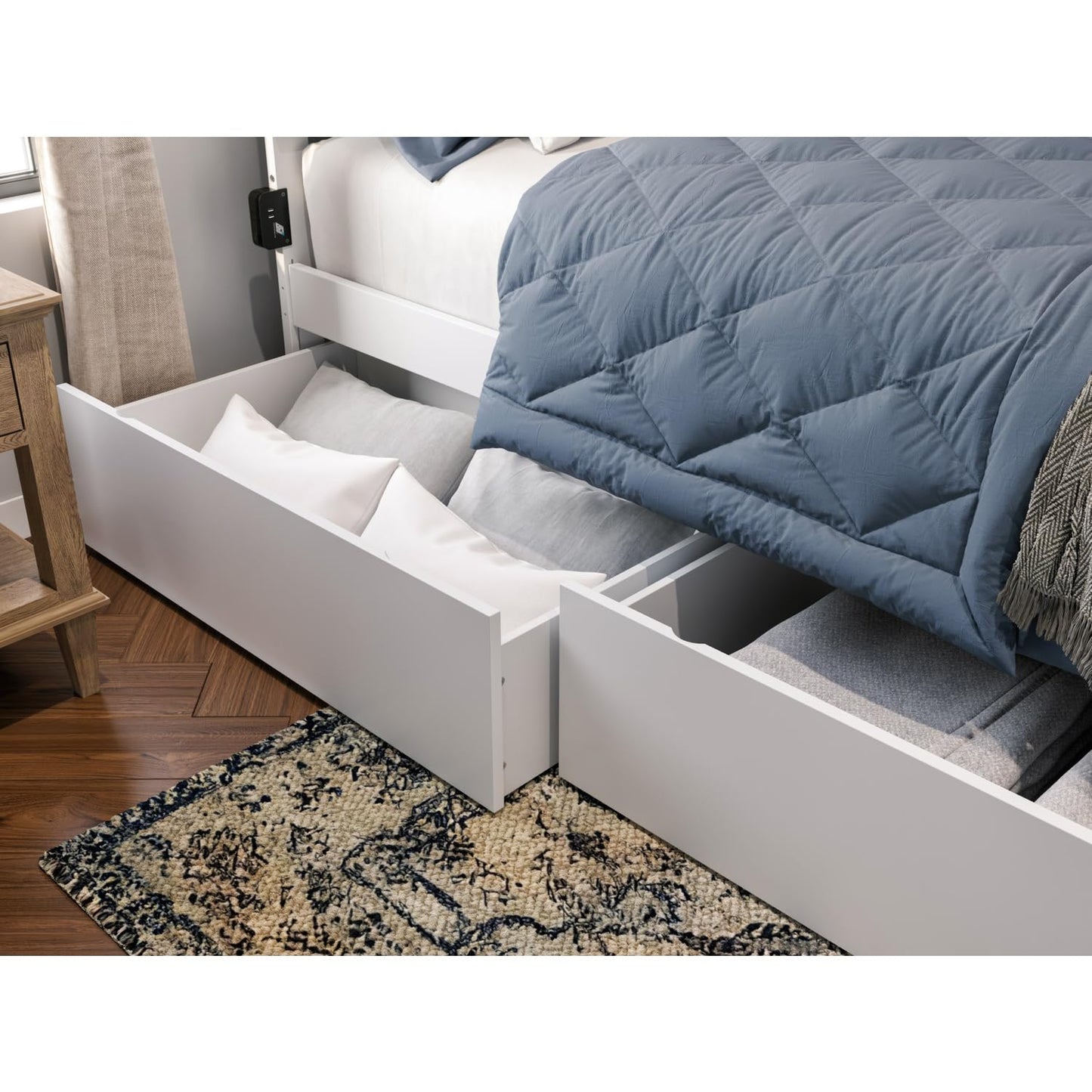 AFI Canyon Chevron Design Solid Wood Storage Platform Bed with USB Charger and Under-Bed Drawers, White - WoodArtSupply