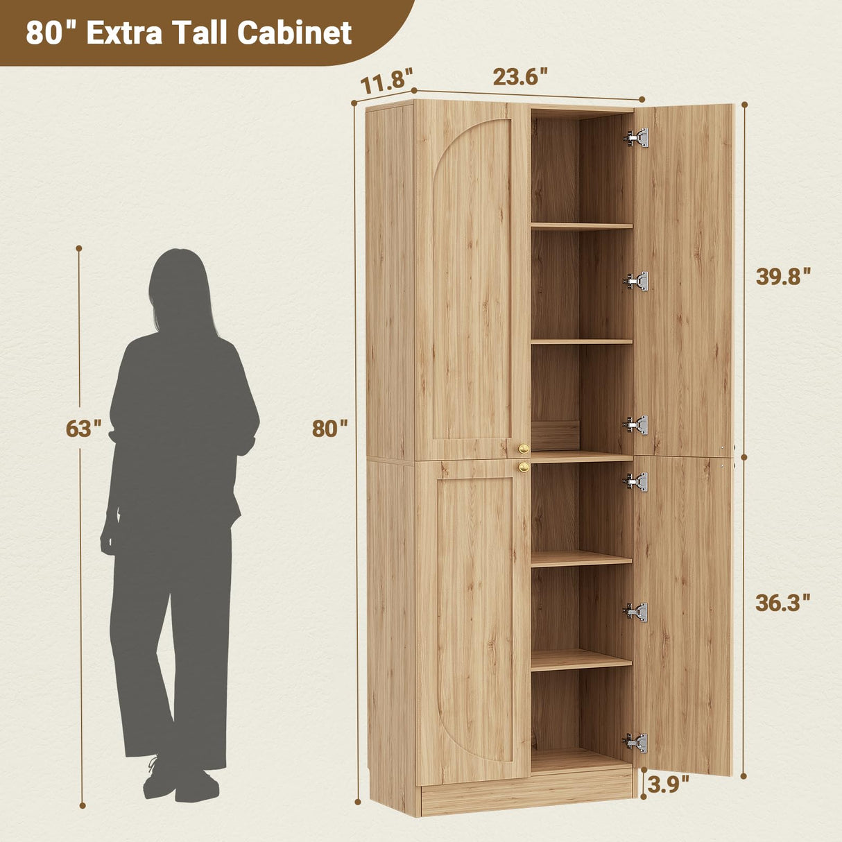 Cyclysio 80" Storage Cabinet, Tall Arched Bookcase with 4 Doors, 6-Tier Wooden Pantry with Adjustable Shelves, Seamless Fit Wall for Home Office, Living Room, Kitchen (Natural) Cyclysio