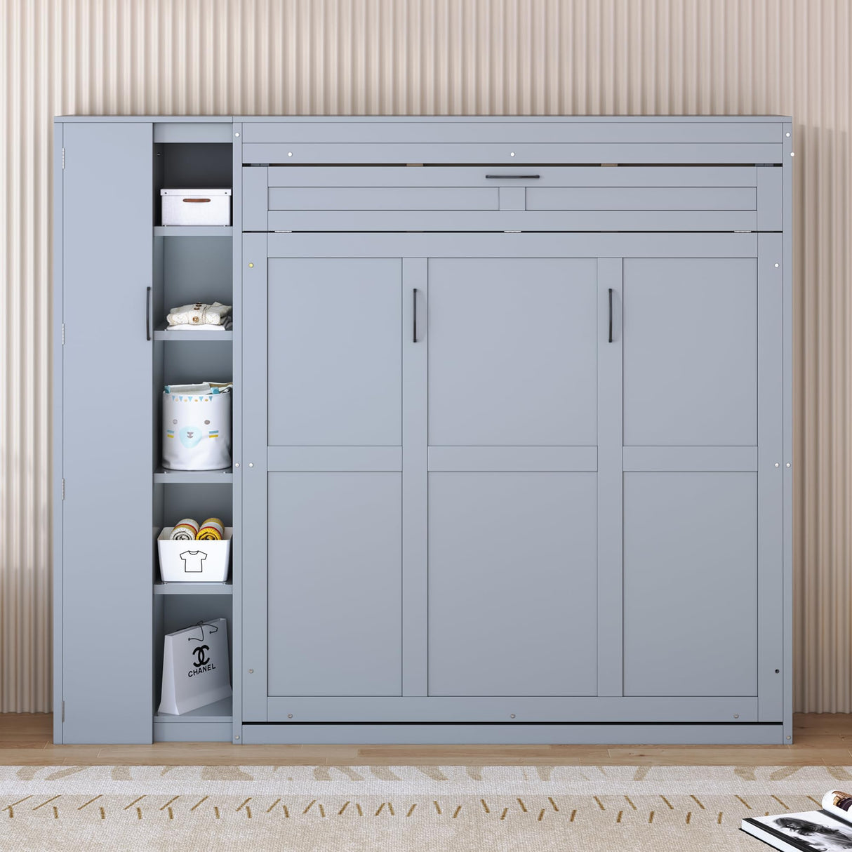 P PURLOVE Murphy Bed Queen, Wood Wall Bed with Shelves, Wardrobe and LED Lights, No Box Spring Needed (Gray) P PURLOVE