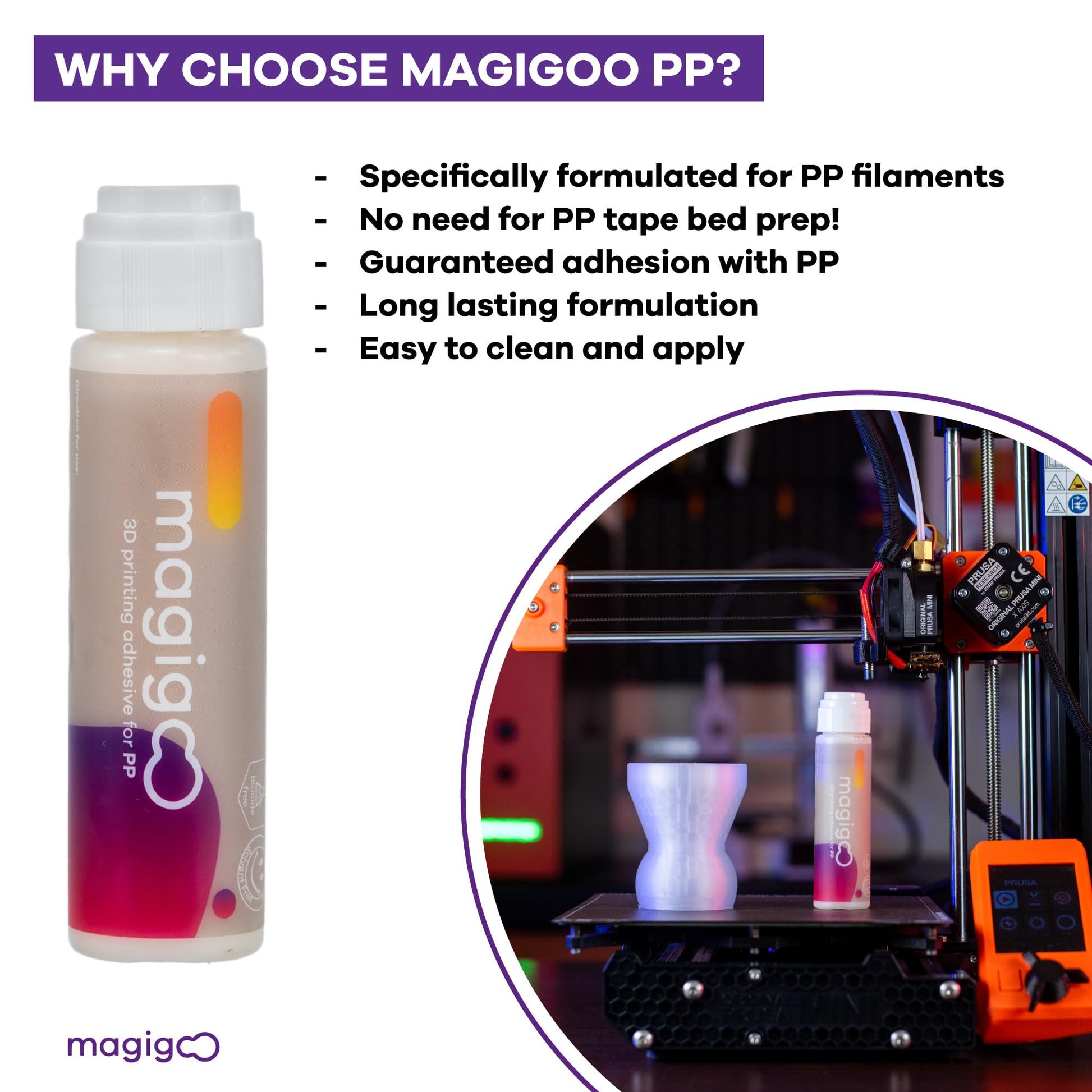 Magigoo MPP2018 3D Printer Adhesive Glue, Reduces Warping for Polypropylene Filament on Flex Plate, Glass, PEI, Buildtak, Kapton 50ml 1.69 fl. oz., White - WoodArtSupply