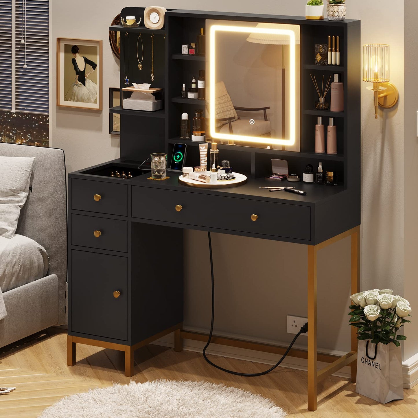 VIAGDO Vanity Desk with Openable Mirror and Lights, Black Makeup Vanity with Lights & Charging Station, Bedroom Vanity Table with 3 Drawers, Hooks, Hidden Storage Shelves - WoodArtSupply