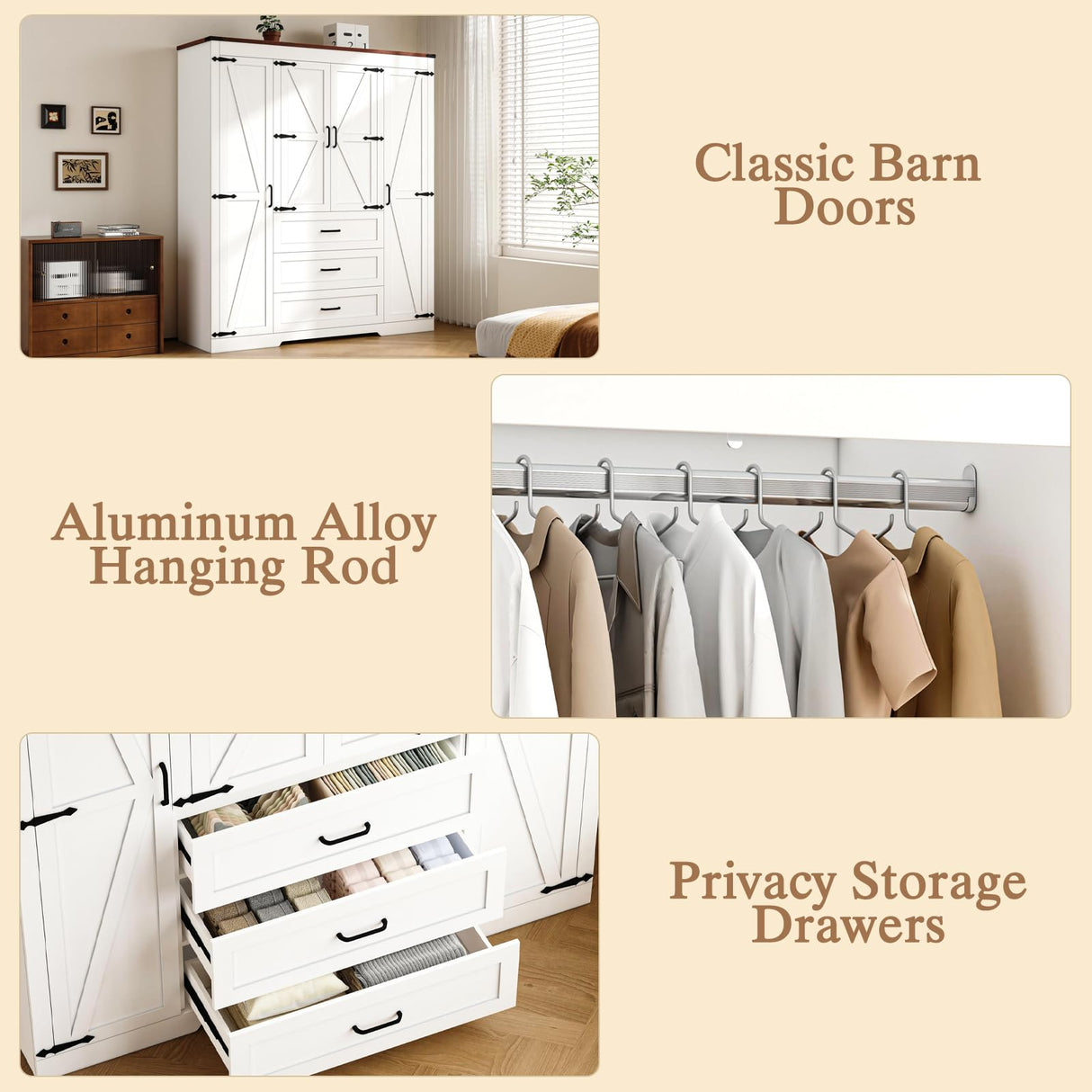 CayugaCrekrd 70" Tall Armoire Wardrobe Closet with 4 Doors & 3 Drawers, Farmhouse Bedroom Storage Cabinet with Hanging Rod, Freestanding Wooden Armoire Wardrobe Closet, White CayugaCrekrd