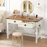 YOMILUVE Farmhouse Computer Desk with 2 Drawers, 39 Inch Small Office Computer Desk with Power Outlets, Compact Writing Study Desk for Small Spaces, Antique White YOMILUVE