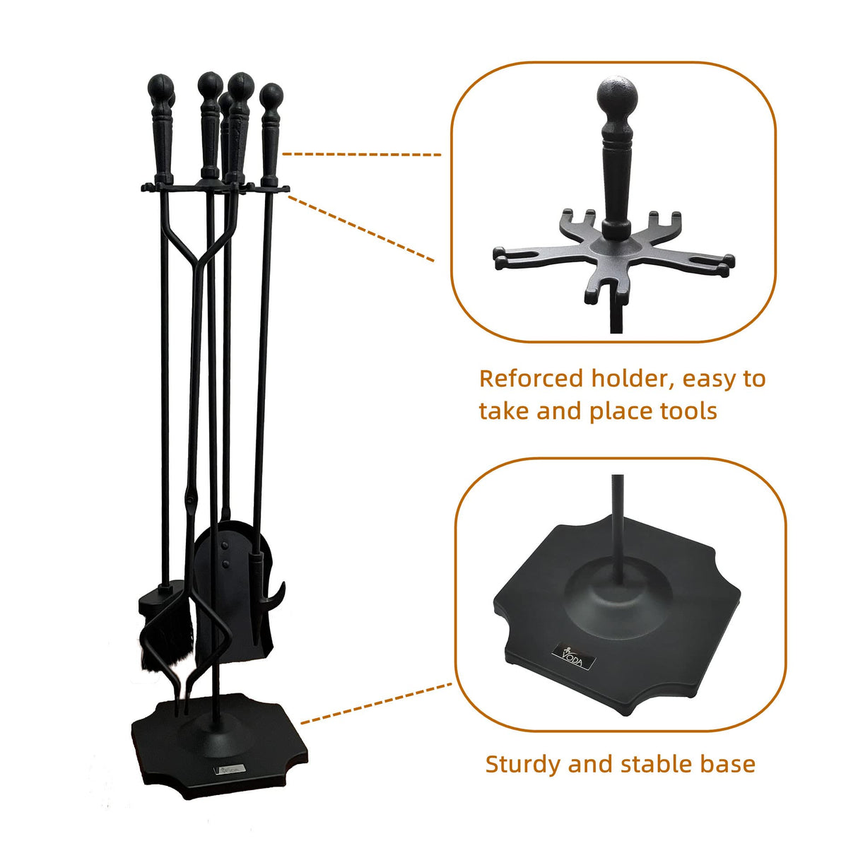 VODA Fireplace Tools Set 5 Pieces 31.5In Cast Iron Indoor Fireside Accessories Large Fire Place Tool Set Outdoor Holder Fire Kit Stand Wood Stove Log Shovel Brush Tong and Fireplace Poker VODA