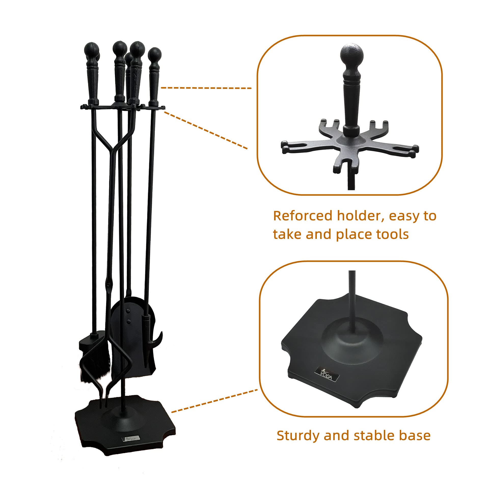 VODA Fireplace Tools Set 5 Pieces 31.5In Cast Iron Indoor Fireside Accessories Large Fire Place Tool Set Outdoor Holder Fire Kit Stand Wood Stove Log Shovel Brush Tong and Fireplace Poker - WoodArtSupply