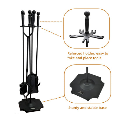 VODA Fireplace Tools Set 5 Pieces 31.5In Cast Iron Indoor Fireside Accessories Large Fire Place Tool Set Outdoor Holder Fire Kit Stand Wood Stove Log Shovel Brush Tong and Fireplace Poker - WoodArtSupply