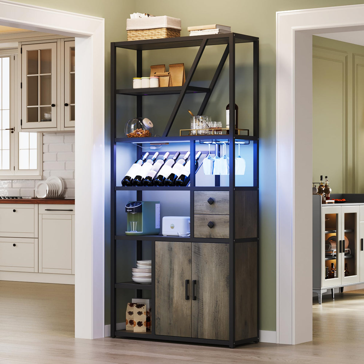 GarveeHome Wine Bar Cabinet with LED Lights, Tall Coffee Bar Station with Power Outlets and Wine Rack, Kitchen Microwave Stand Bakers Rack Cabinet for Living Room GarveeHome
