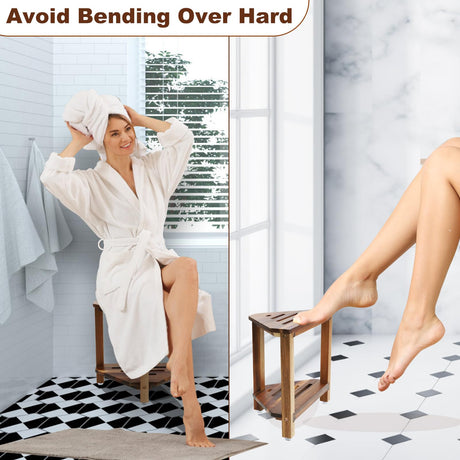 IBosins Corner Shower Stool Shower Foot Rest for Shaving Legs Small Shower Bench for Inside Shower to Sit on Bath Stool with Storage Shelf Shower Accesories (Acacia Wood) IBosins