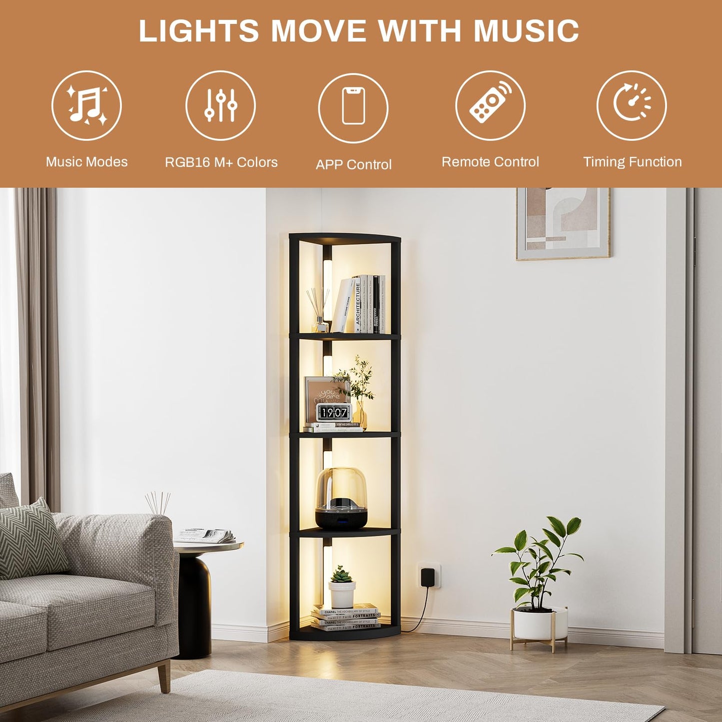 VILICK Corner Shelf with Light 5 Tier Tall Standing Shelf Dimmable Corner Floor Lamp with Shelves LED Corner Bookshelf Display Cabinet Shelf for Living Room, Bedroom, Home Decor