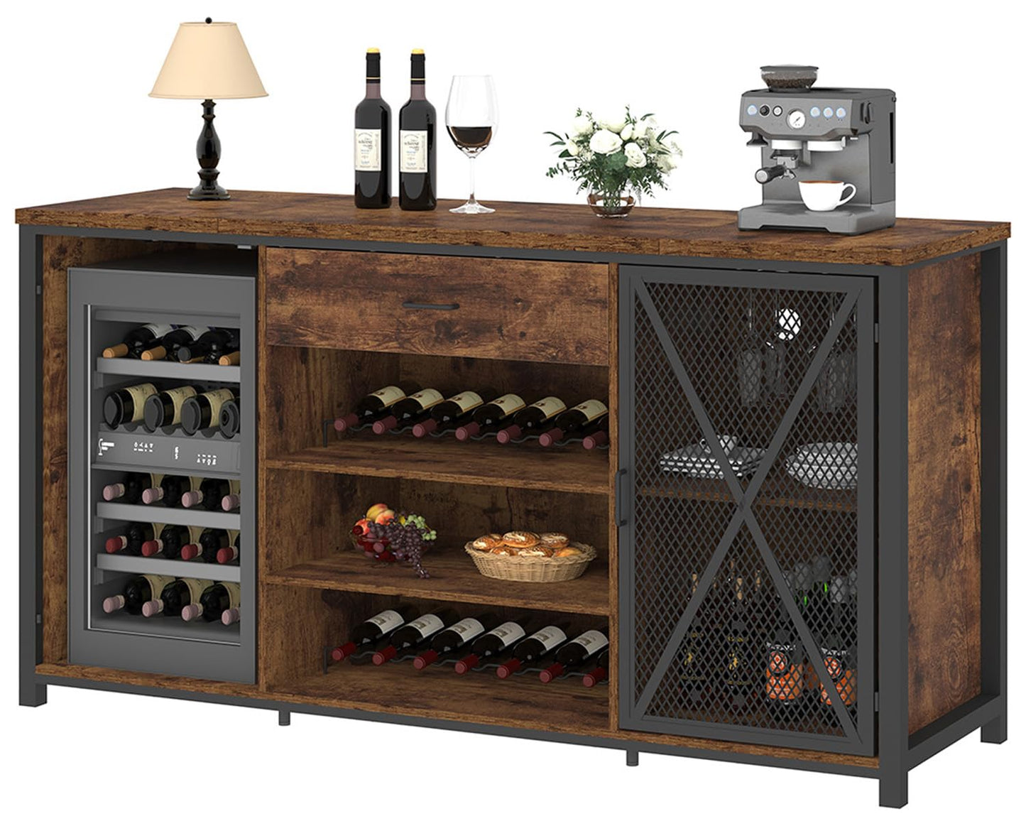 LVB Rustic Brown Large Bar Cabinet with Fridge Space and Storage Drawers - WoodArtSupply