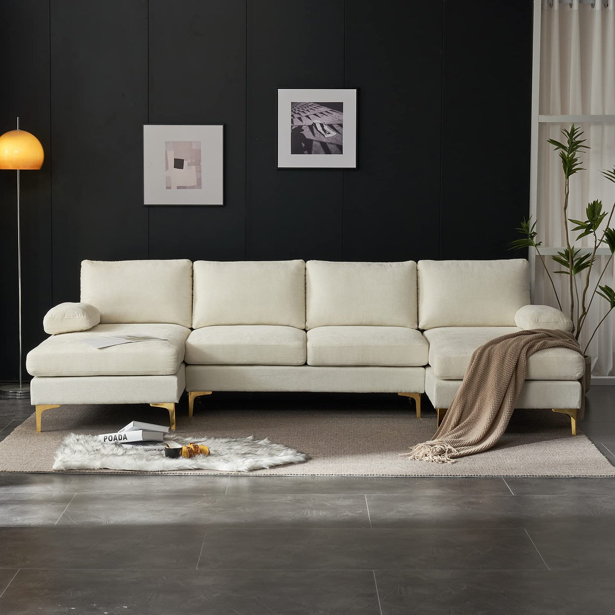 Karl home Convertible Sectional Sofa 110" U-Shape Sofa Couch 4-Seat Couch with Chaise ChenilleFabric Upholstered for Living Room, Apartment, Office, Creamy White Karl home
