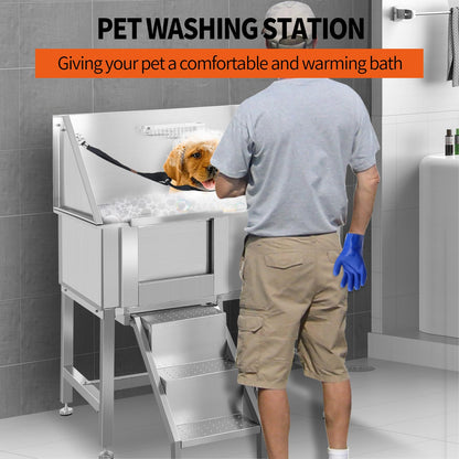 38" Stainless Steel Dog Washing Station for Large Dogs, Dog Grooming Tub for Home, Professional Dog Bathtub Bathing Station, Pet Wash Station, Dog Shower Tub with Stairs, Drain & Door,L-Door