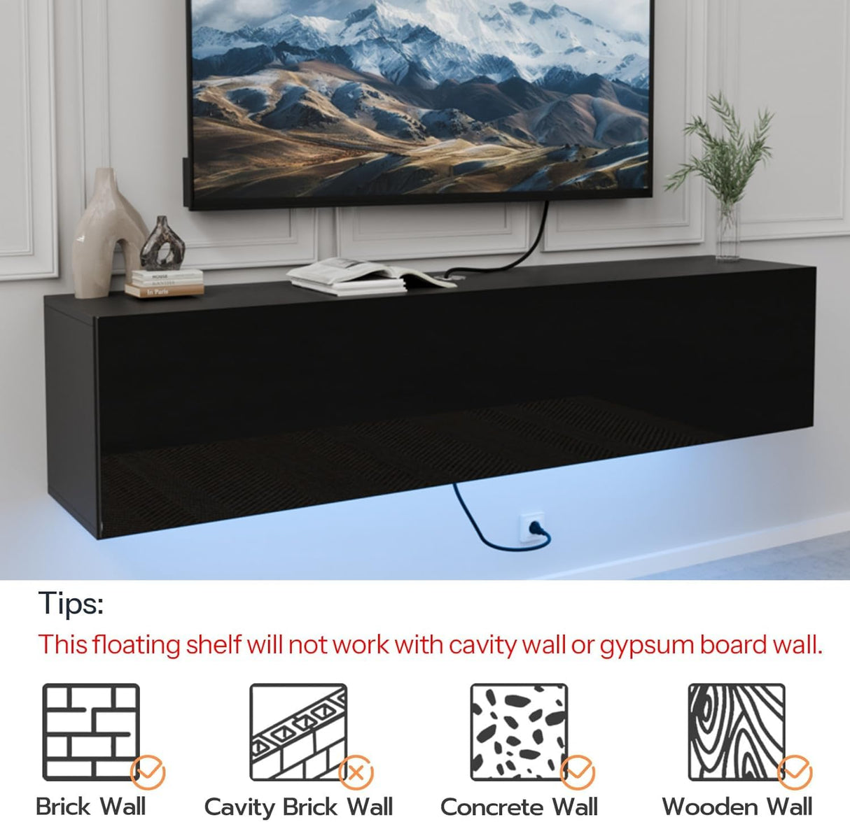 HOMMPA Floating TV Stand with LED Lights for TVs up to 65 Inch, Wall Mounted Entertainment Center with Storage, Modern High Glossy Media Console for Living Room, Bedroom, Black HOMMPA