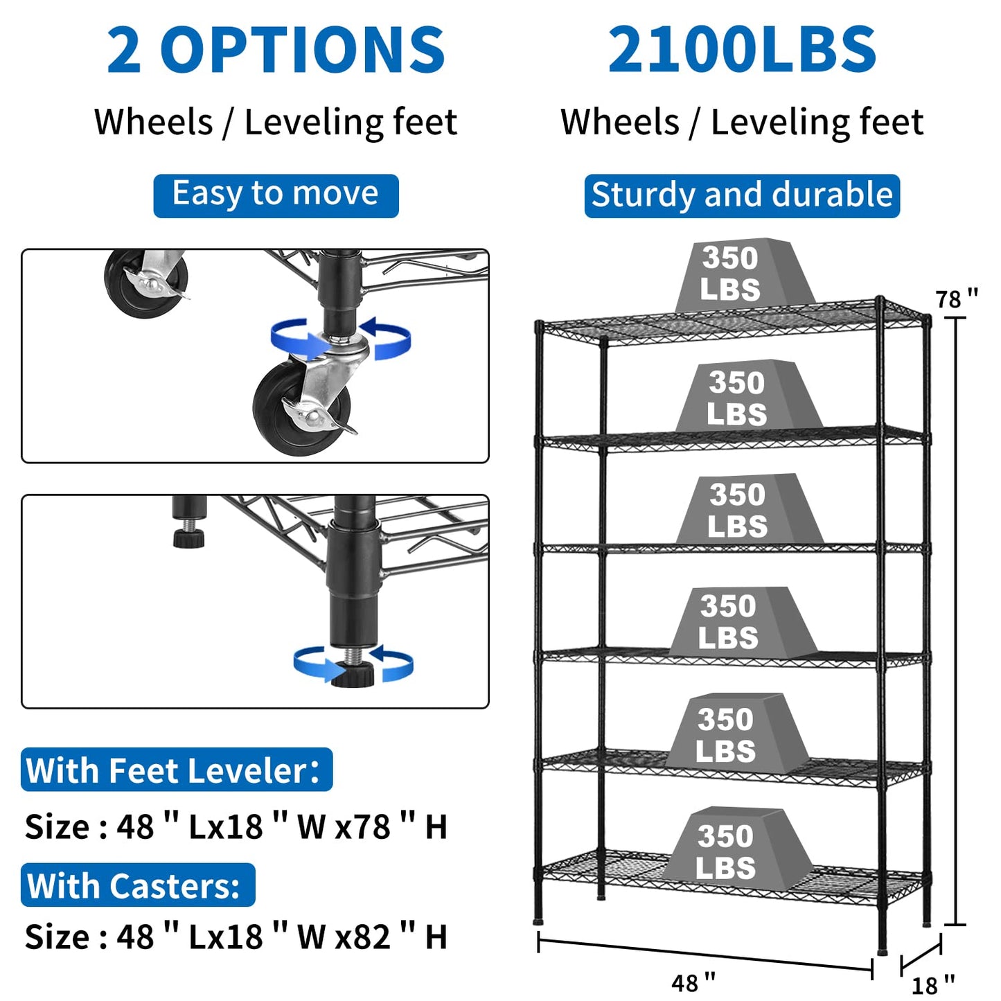 XXkseh Metal Shelf 6 Tier Wire Shelving Unit with Wheels,Heavy Duty Storage Shelves, NSF Garage Kitchen Organizer, Wire Rack Height Adjustable Commercial Grade Rolling Steel Rack,48"x18"x82", Black