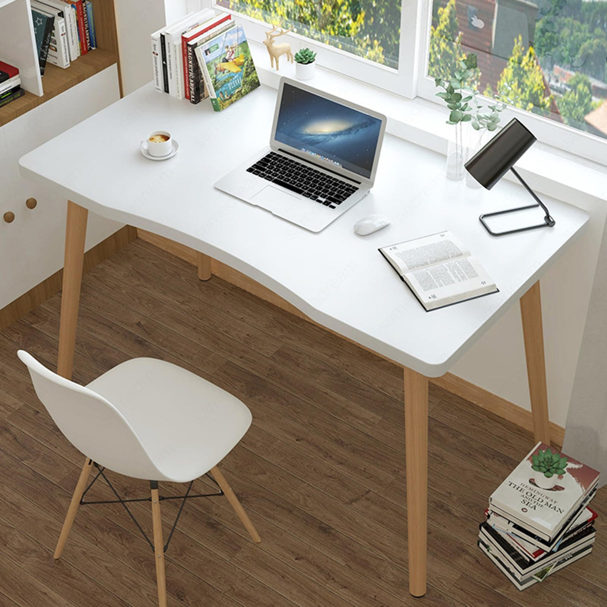 Simple Wooden Writing Computer Desk, Nordic Style Workbench with Solid Wood Legs Modern PC Laptop Study Desk Edge Spacious Desktop Student Wood Writing Table for Home Office(39" x 23" x 28" ) White cdar