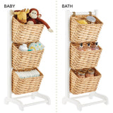 mDesign Water Hyacinth 3-Tiered Storage Baskets Floor Stand with Market Basket Storage Bins - Vertical Standing Rack for Living Room, Laundry, Bedroom, Bathroom, Office Organization - White/Natural mDesign