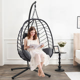 ONBRILL Hanging Egg Chair with Stand, Outdoor Indoor Egg Swing Chair with Cushion Headrest, Wicker Rattan Egg Chair with Dual Chains, 350LBS Capacity for Patio, Porch, Balcony, Bedroom (Dark Gray) ONBRILL