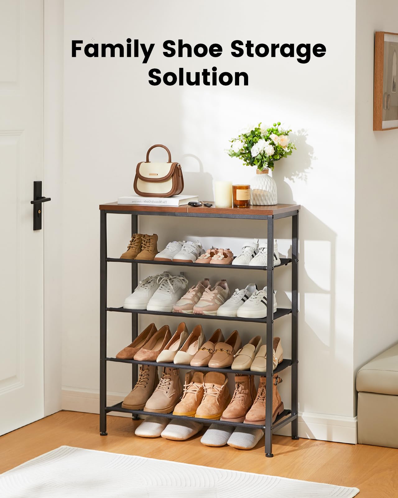 Pipishell 5-Tier Shoe Rack, Large Shoe Stand Rack with Sturdy Wood Grain Finish Top Shelf & Steel Frame, Free-Standing Shoe Organizer for Entryway,Front Door Entrance,Closet,Bedroom,Hallway - WoodArtSupply