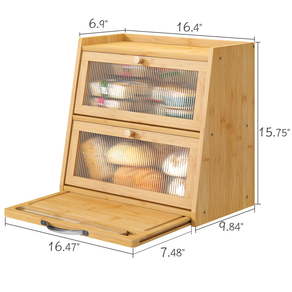 viewcare Large Bread Box for Kitchen Counter With Cutting Board, 2-Tier Bread Box, Bamboo Wood Large Capacity Bread Storage Bin with Acrylic Wavy Door Panel viewcare