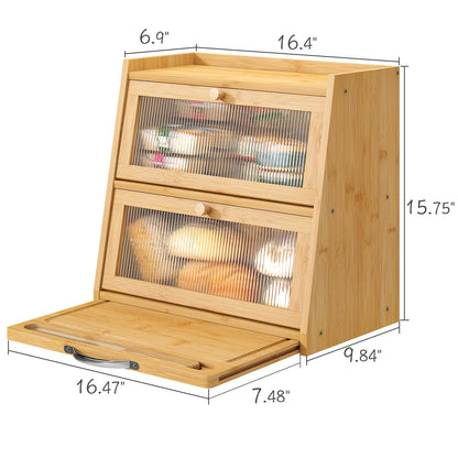 viewcare Large Bread Box for Kitchen Counter With Cutting Board, 2-Tier Bread Box, Bamboo Wood Large Capacity Bread Storage Bin with Acrylic Wavy Door Panel - WoodArtSupply