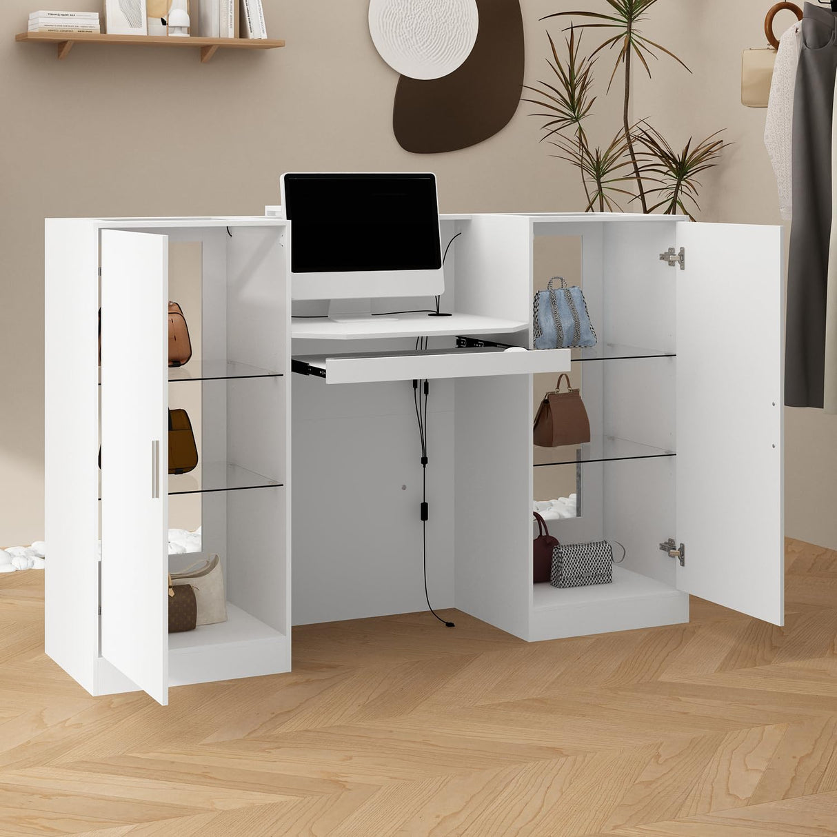 ROMSHINE Reception Desk with Counter, 59.1 inch Front Desk with LED Light & Glass Display Shelf, Reception Room Table with Cable Grommet, Retail Counter Salon Reception for Checkout, White ROMSHINE