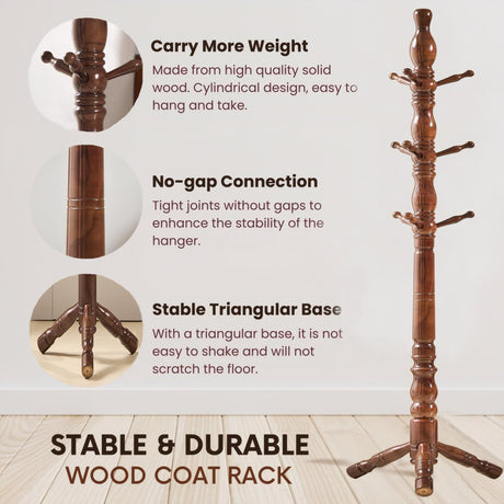 SUOHUI Coat Rack, Natural Wood Coat Racks with 3 Height Options and 9 Hooks,Coat Tree Ease of Assembly,Freestanding Hall Tree for Home/Office/Entryway/Hallway (Walnut) SUOHUI