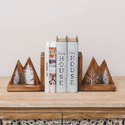 NIKKY HOME Heavy Duty Non Slip Rustic Woodland Mountain Wood Bookend Forest Book Ends Book Stoppers for Cabin Decor Home and Office Shelves Children