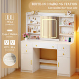 HUAHUU Vanity Desk with LED Lights & Sliding Mirror, Makeup Vanity with Lights, Power Outlet, White Vanity Desk with 5 Drawers & 2 Cabinets, 6 Storage Shelves for Bedroom HUAHUU