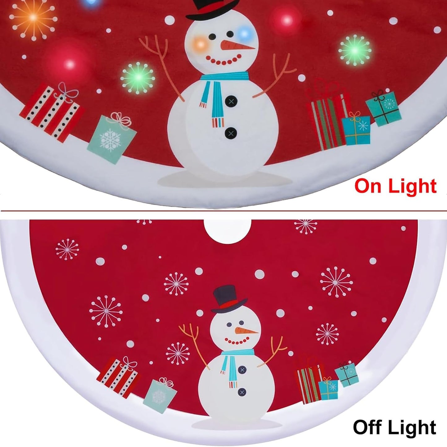 Christmas Tree Skirt with Lights, 48 Inch Snowman Gift Box Christmas Tree Skirt with LED Light, Christmas Joy Party Decoration Ornament, Indoor Outdoor Christmas Tree Skirt Decoration