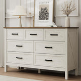 LYNSOM Farmhouse 7 Drawers Dresser for Bedroom, Wood Rustic Wide Chest of Drawers with Deep Drawers, Metal Handle, Storage Dressers Organizer for Entryway, Hallway, Antique White LYNSOM