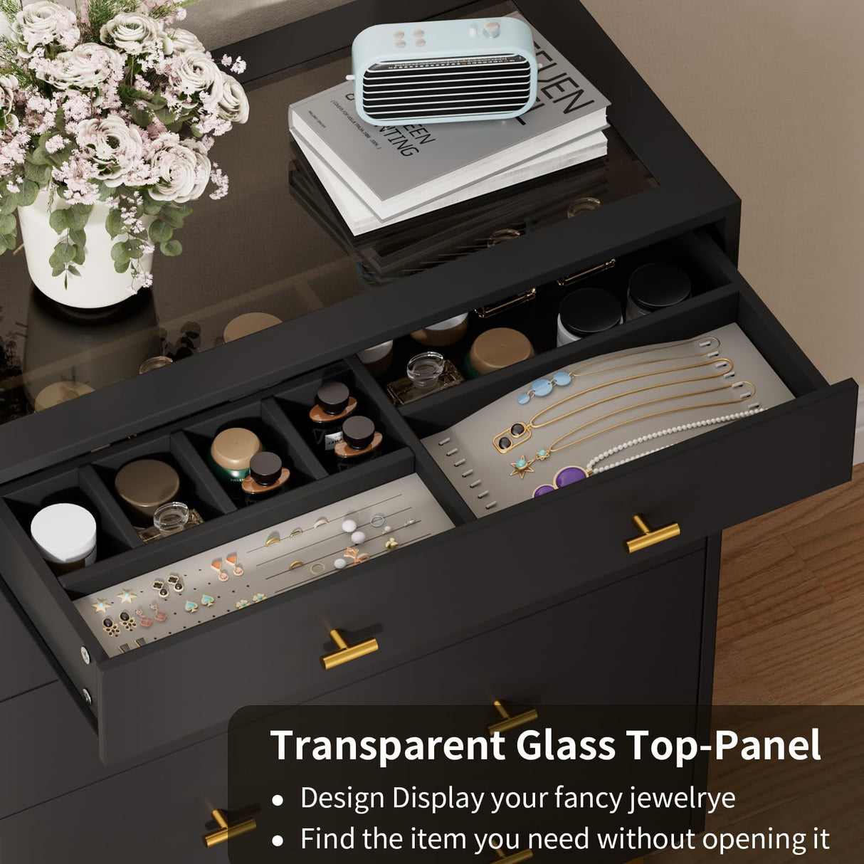 JanflyHome Drawer Dresser with LED Lights, 39" H Tall Tempered Glass Top Dresser, Modern Wood Chest of Drawers with Jewelry Organizer, Wardrobe Closet Island for Bedroom, Living Room, Black JanflyHome