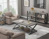 LVB Gray Coffee Table, Farmhouse Wood Metal Center Table with Storage for Living Room, Industrial Wooden 2 Tier Rectangle Cocktail Tea Table with Mesh Shelf for Office Bedroom, 47 inch, Light Grey Oak LVB