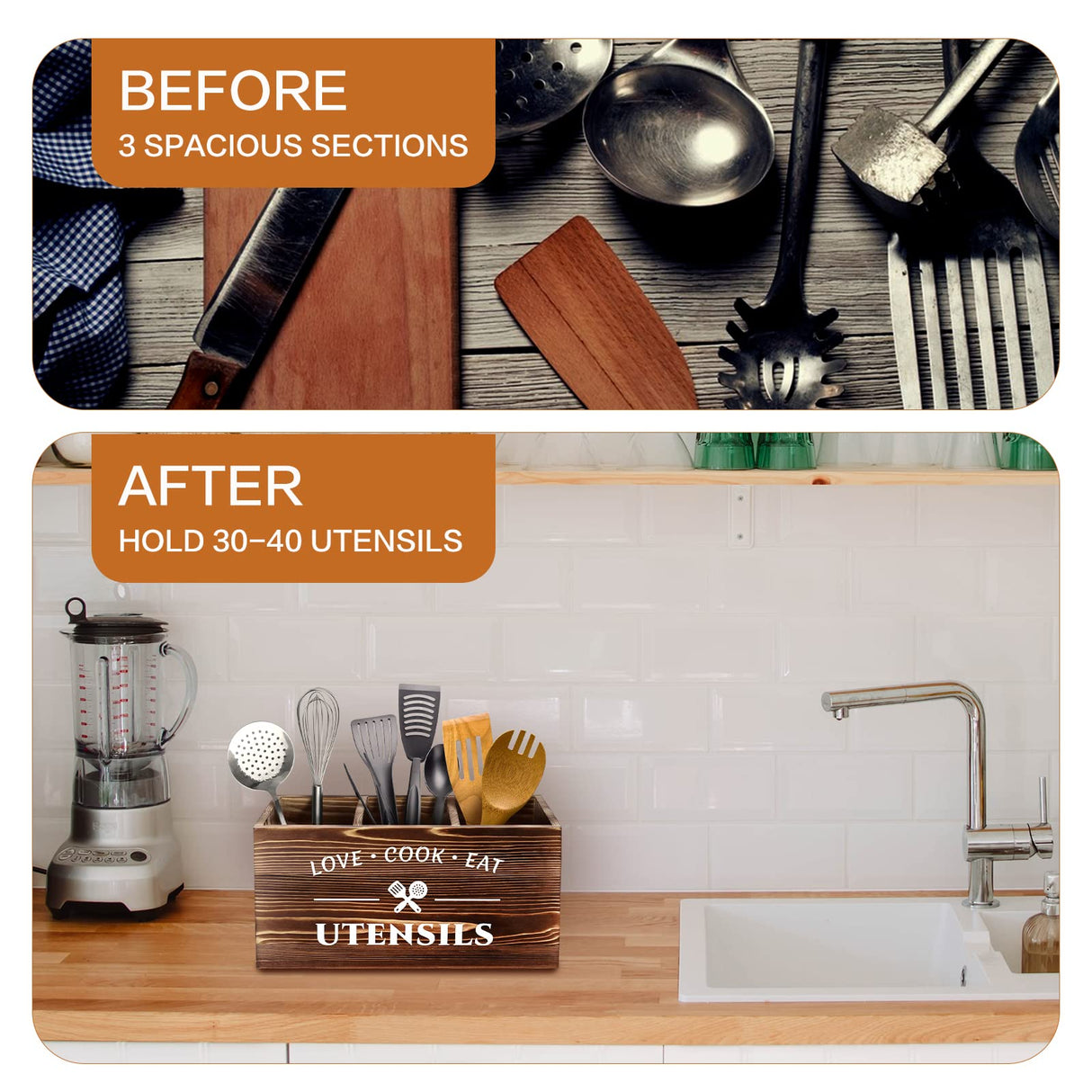 MINCORD Brown Utensil Holder Rustic Utensil Caddy Utensil Crocks with 3 Compartments for Kitchen Counter, Farmhouse Wood Flatware Utensil Organizer Storage Box for Silverware Fork Spoon Spatula MINCORD