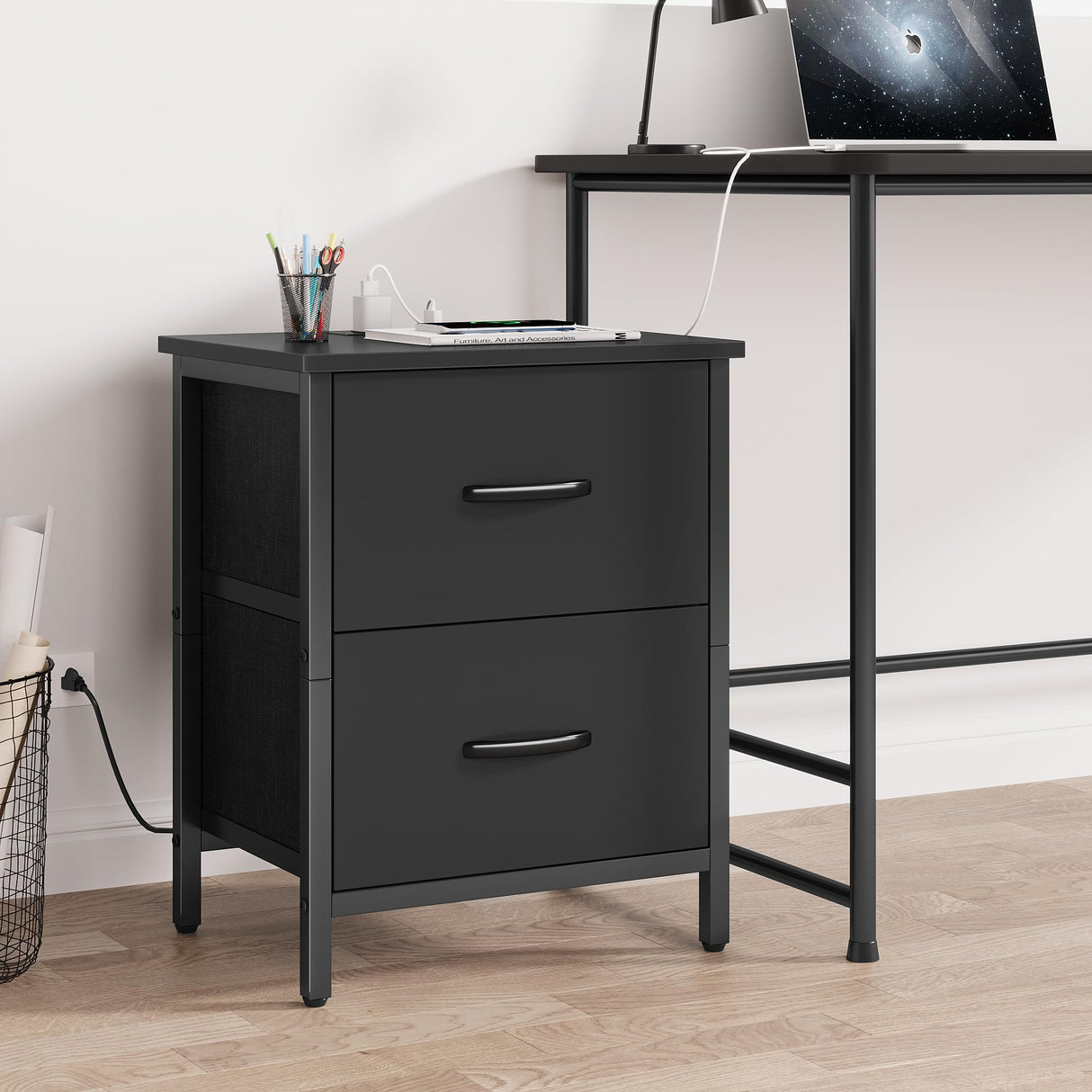 Vagusicc Nightstand Set of 2 with Charging Station, End Table Bedside Table with Power Outlet & USB Ports, Side Table with 2 Fabric Drawers for Bedroom, Living Room, Black Vagusicc