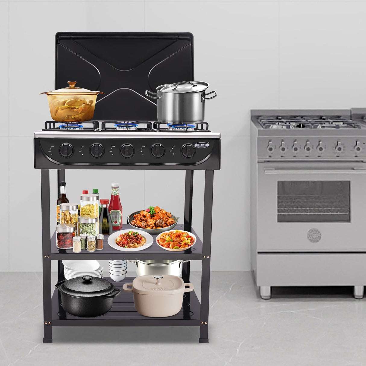 Propane Gas Stove 5 Burner/4 Burner, Portable Natural Gas Stove Outdoor Camping BBQ Stove Gas Cooker with 2 Tier Storage Rack, for RV, Apartment, Outdoor Cooking (Black, 5-Burner) BUKGOCUMN