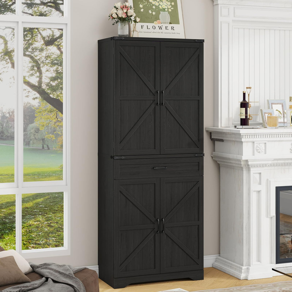 72" Tall Kitchen Pantry Storage Cabinet, Farmhouse Storage Cabinet with Organizer, Large Capacity Storage Cabinet with Drawer,Freestanding Cupboard for Kitchen, Dining Room, Living Room, Black Halitaa