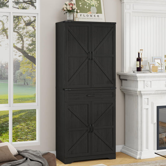 72" Tall Kitchen Pantry Storage Cabinet, Farmhouse Storage Cabinet with Organizer, Large Capacity Storage Cabinet with Drawer,Freestanding Cupboard for Kitchen, Dining Room, Living Room, Black